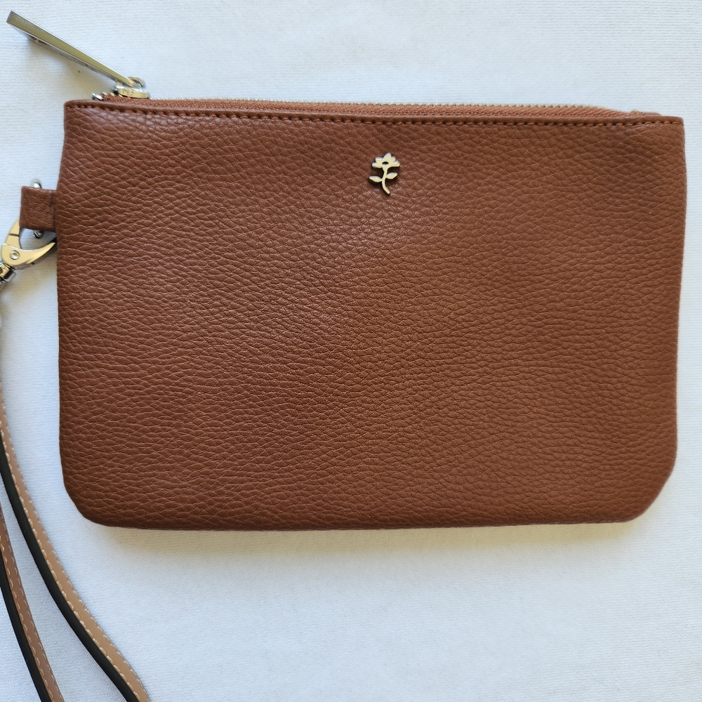 Vegan Wristlet Jenna Kator Brown Tan Saugatuck Small Bag Purse Floral Flowers - Picture 1 of 13